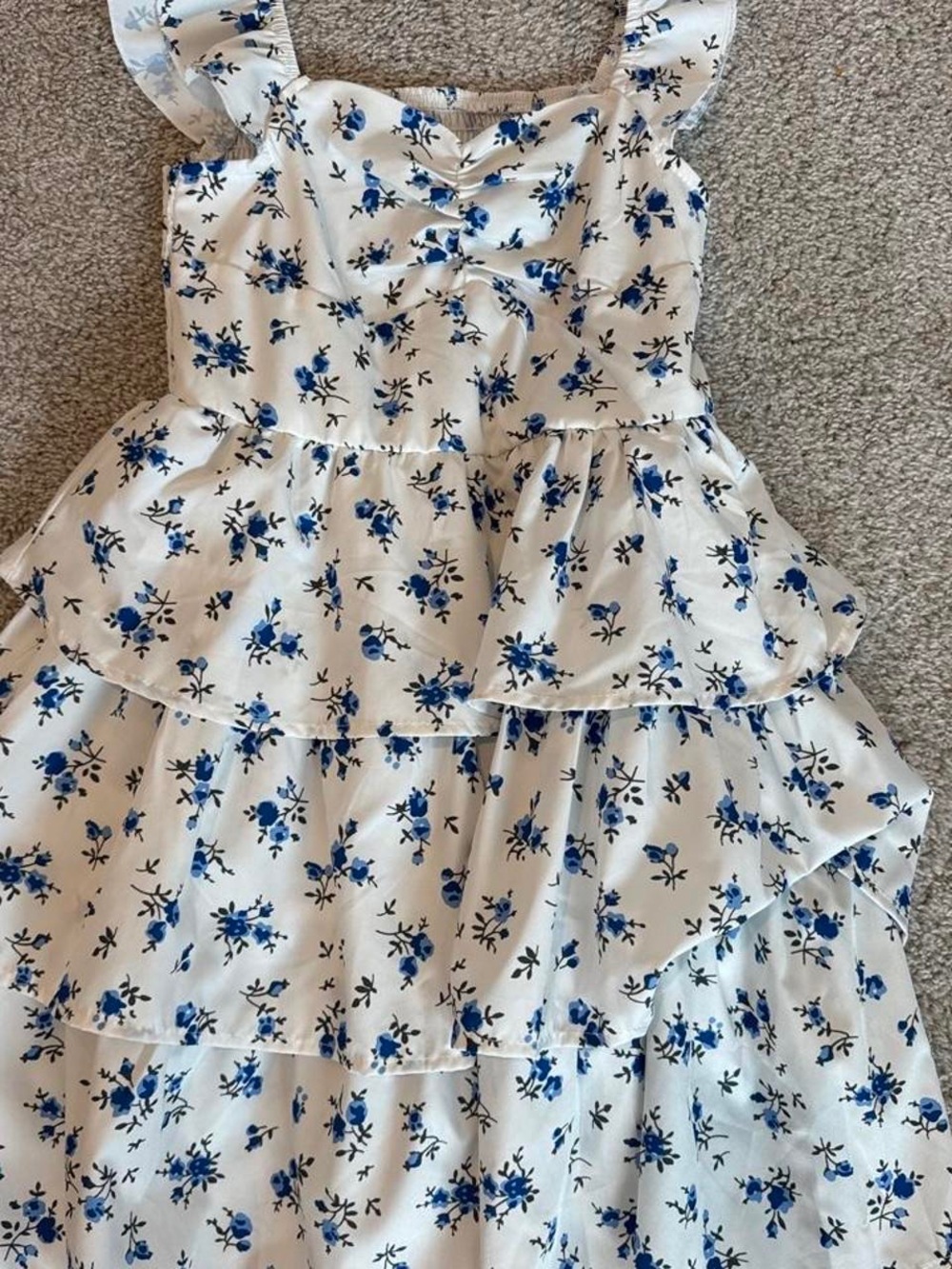 White Mini Dress with Blue Floral Print and Ruffle Tiers